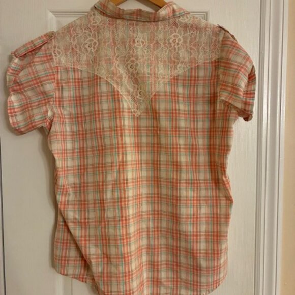 Wrangler Women's Peach Plaid Lace Pearl Snap Buttons Western Country Shirt XL - Picture 4 of 9